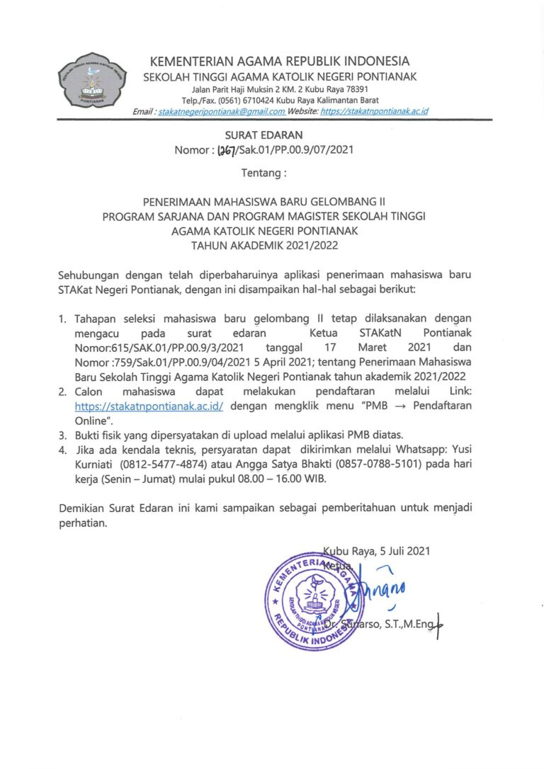 Penerimaan Mahasiswa Baru Gelombang II Program sarjana dan Magister STAKat Negeri Pontianak Tahun Akademik 2021/2022